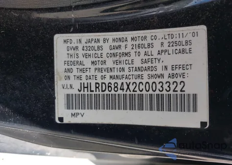 2002 Honda Cr-V Lx from USA, damaged, VIN JHLRD684X2C003322